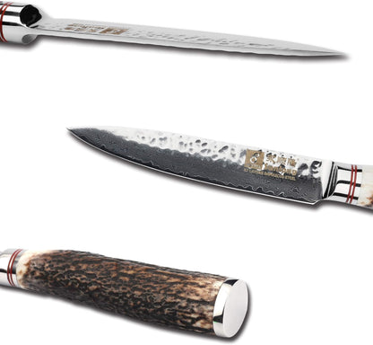 SUNLONG Usuba & Nakiri Knife 6.5 inch Fruit and Vegetable Knife Japanese Hammered Damascus Steel Super sharp - Natural Deer Horn Handle
