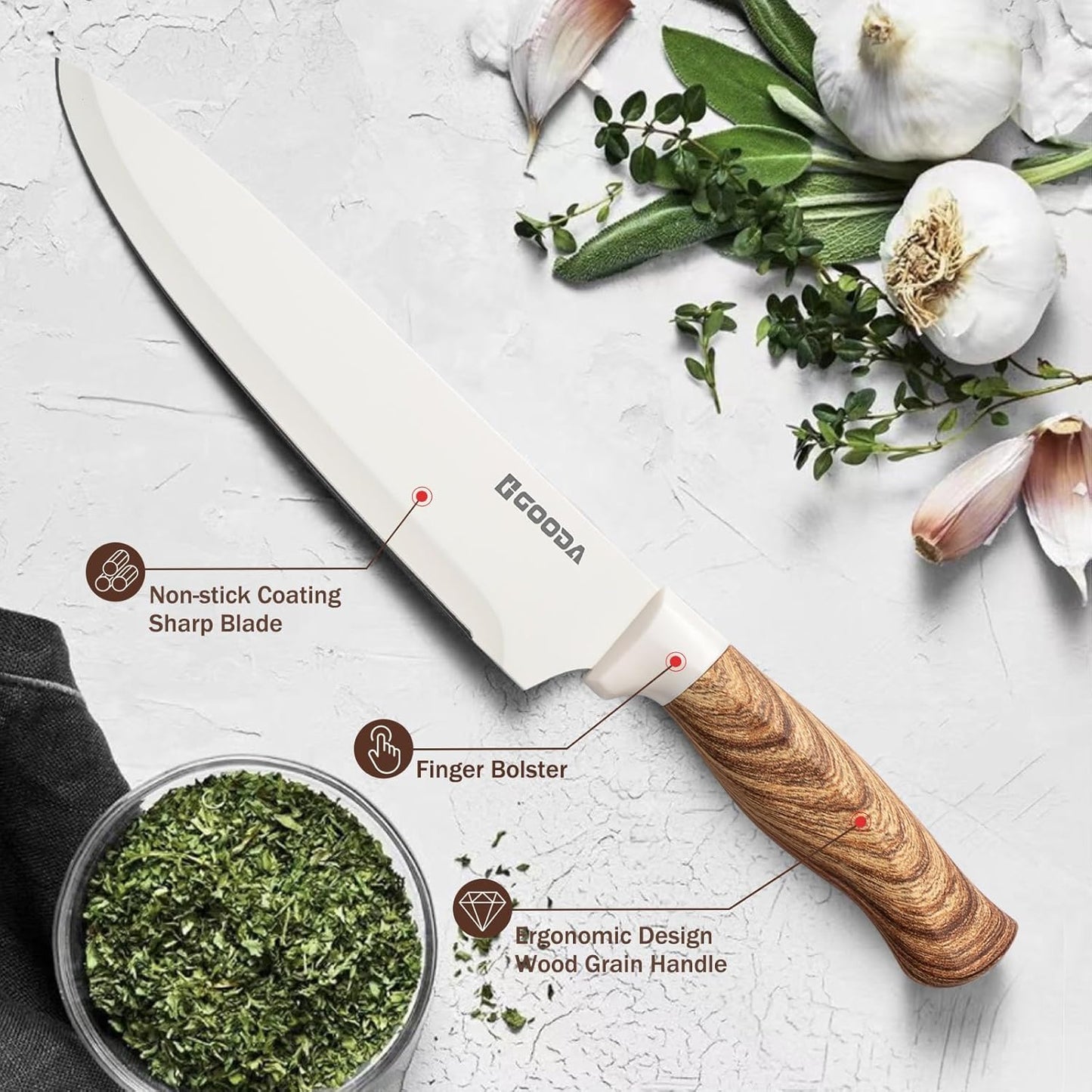 Knife Set,GOODA 9 Piece Kitchen Knife Set with Block and Sharpener, Anti-Rust Stainless Steel Cooking Knives Set for Kitchen, Chef Knife Block Set