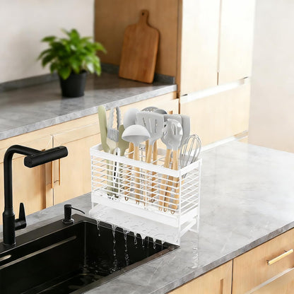 Utensil Holder, Upgrade Stainless Steel Utensil Drying Rack with Automatic Drain Tray for Kitchen Counter, Silverware Cutlery Organizer for Spoons, Forks, Knifes, Chopsticks (Black)