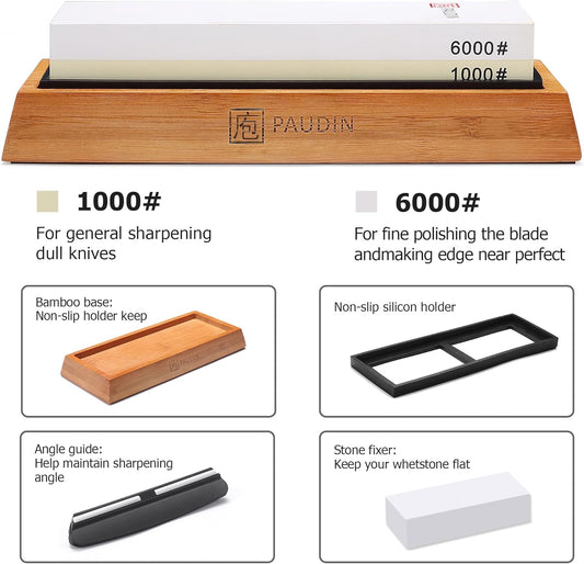 Paudin Premium Whetstone Knife Sharpener Stone Kit 1000/6000 Grit - Japanese Waterstone Sharpening Stones for Knives with Flattening Stone, Bamboo Base, NonSlip Base, Angle Guide & Water absorber