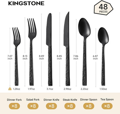 KINGSTONE 24 Pcs Black Hammered Silverware Set with Steak Knives for 4, 18/10 Stainless Steel Heavy Duty Flatware Set, Tableware Cutlery Utensil Sets for Home Restaurant Dishwasher Safe