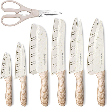 Astercook Knife Set, 13 Pieces Kitchen Knives Set with Ceramic Coating, Stainless Steel Chef Knife Sets with 6 Blade Guards, Dishwasher Safe Knives with Wooden Handle, White Mothers Day Gifts