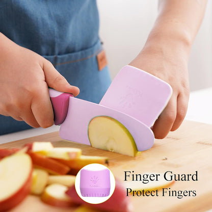 Kibbidea Kids Knife Set for Real Cooking, 4-Piece Stainless Steel Kids Chef's Knives with Peeler, Finger Guard, Protective Glove for Cutting Peeling, Kitchen Knives for Teenager 8-12 (Purple)