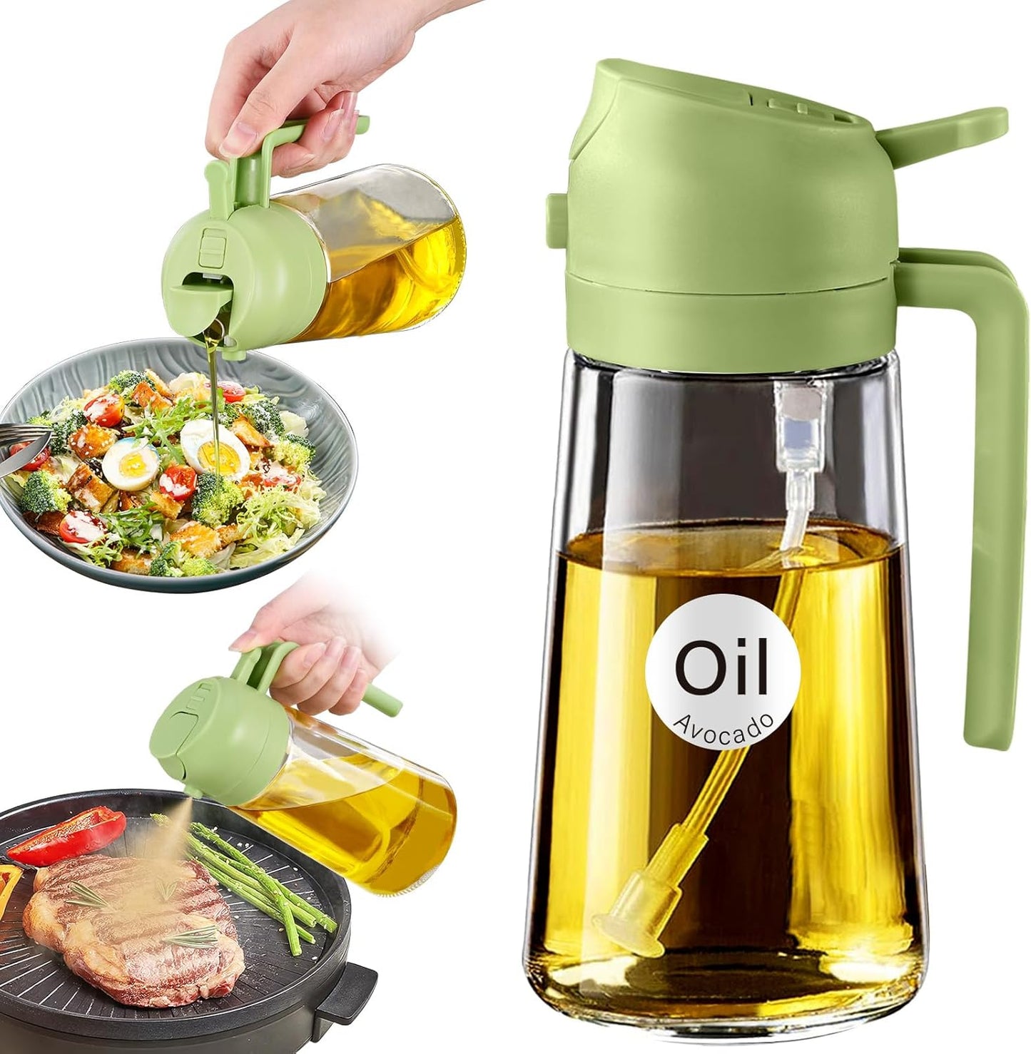 YARRAMATE 16oz/470ml Glass Olive Oil Sprayer for Cooking with Stickers, 2 in 1 Oil Dispenser for Kitchen Gadgets, Food Grade Premium Spray Bottle for Salad, Frying, BBQ (Creamy White)