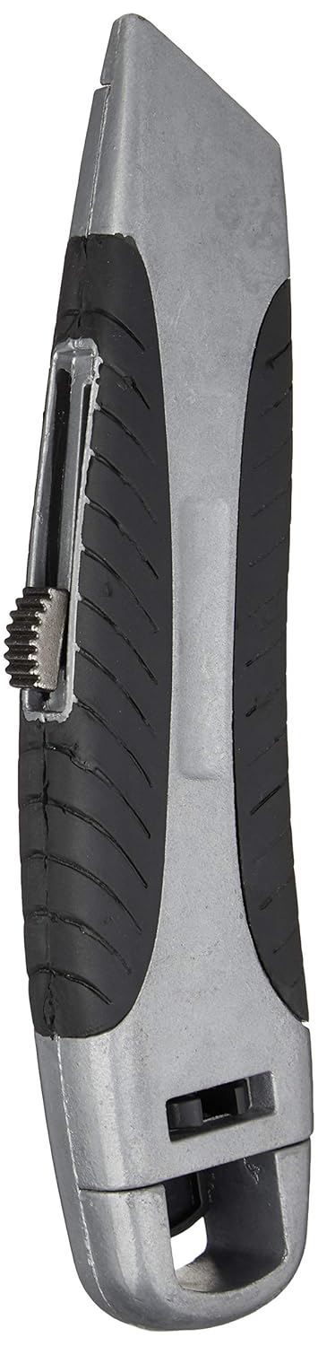 Amazon Basics Soft Grip Retractable Utility Knife with 3 Carbon Steel Blades, Quick Change Blade System, Black/Silver