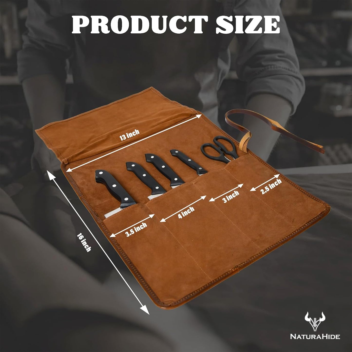 Leather Knife Roll Bag for Professional Chefs 4 Slot Full Grain and Suede Leather Knife Case Handmade Culinary Tool Roll Organizer for Travel, Kitchen and Outdoor Cooking (Black)