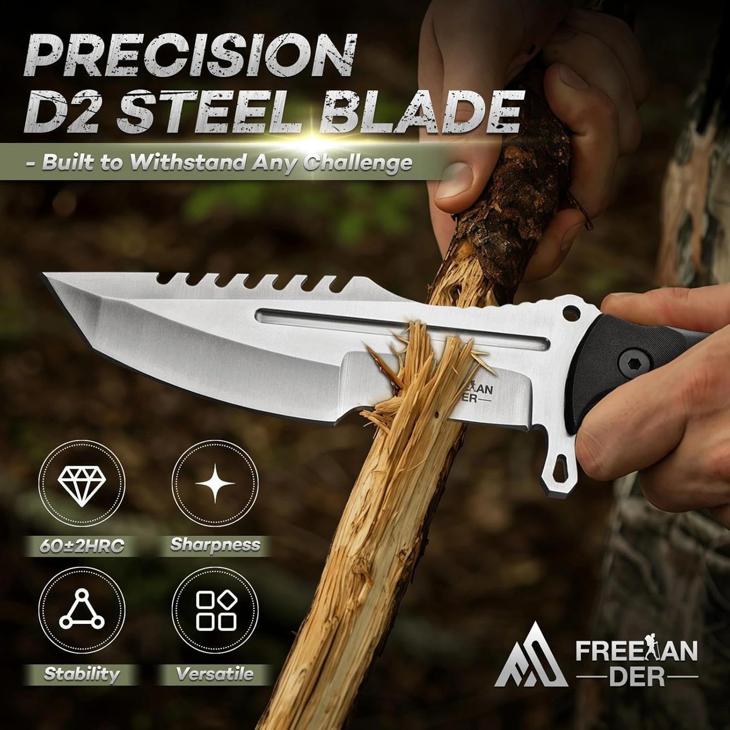 Freelander Fixed Blade Knife with Sheath, Full Tang D2 Steel Survival Knife, Camping Bushcraft Knives with Ergonomic Handle, Outdoor Knives for Men