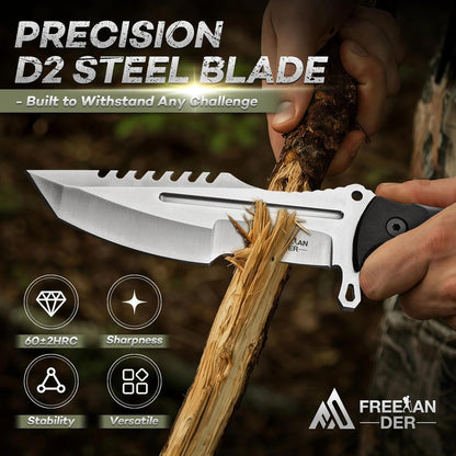 Freelander Fixed Blade Knife with Sheath, Full Tang D2 Steel Survival Knife, Camping Bushcraft Knives with Ergonomic Handle, Outdoor Knives for Men