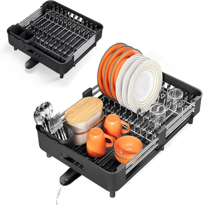 Urackify Stainless Steel Dish Drying Rack - Dish Drainer for Kitchen Counter, Extendable Drainboard with Foldable, Space-Saving Cup & Bowl Organizer, Includes Knife and Utensil Holder, Matte-Green