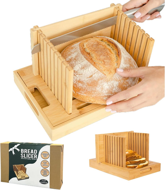 Bread Slicer for Sourdough & Homemade Bread - Fits Round, Loaf & Baguette Bread. Bamboo Bread Cutting Guide W/Crumb Tray - Foldable - Knife Not Included. Recommended: Serrated Knife Blade 10-12 Inches