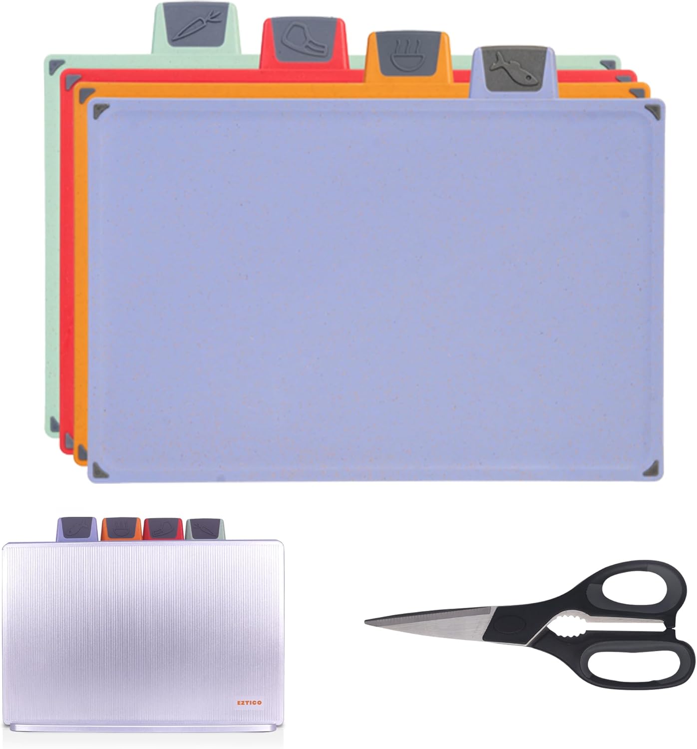 4-Piece Non-Toxic Cutting Board Set with Premium Scissors – BPA-Free Plastic and Rubber Chopping Boards for Kitchen Essentials with Organizer, Dishwasher Safe Accessories Holder.