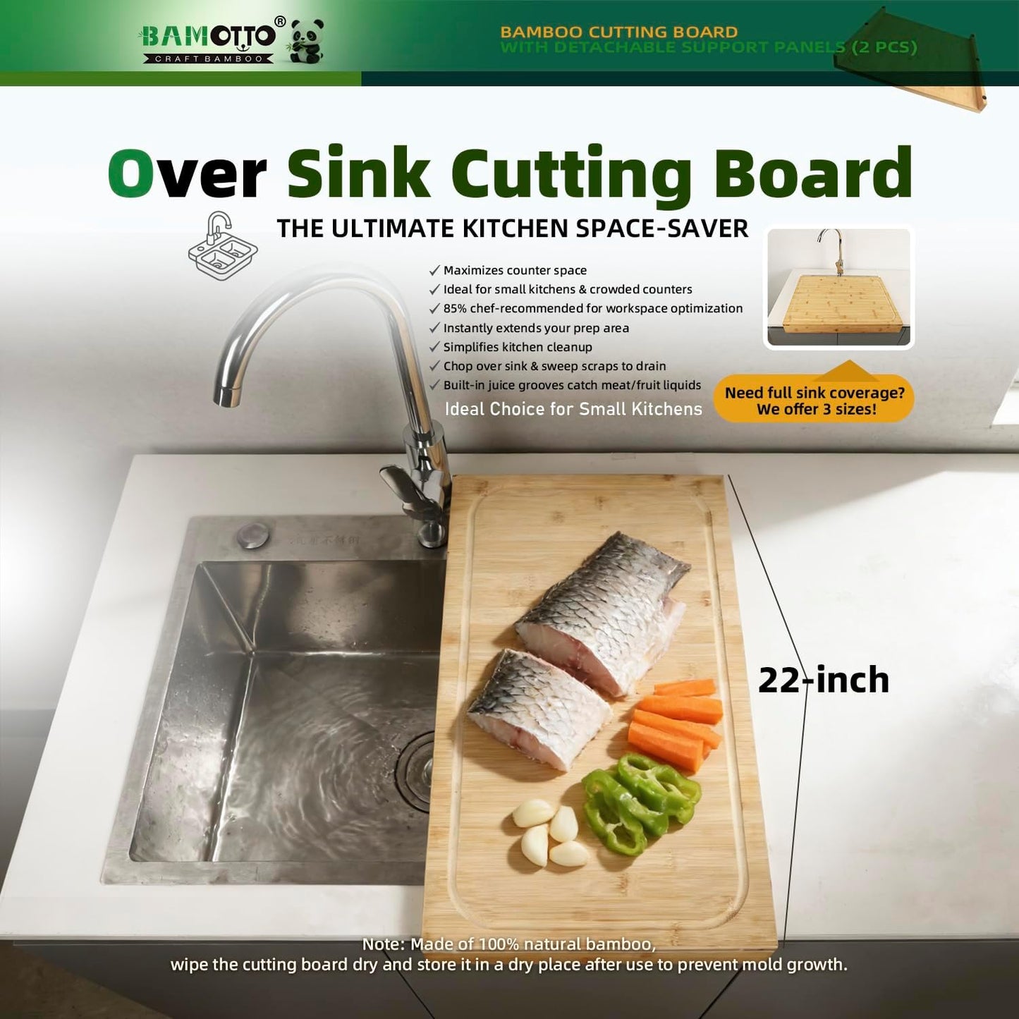 BAMOTTO CRAFTBAMBOO 18.1x21.3 Inch Large Bamboo Cutting Board with 2 Detachable Support Panels, Reversible, Kitchen Countertop Dishwasher Cover & Over Sink, Tray and Carving Board