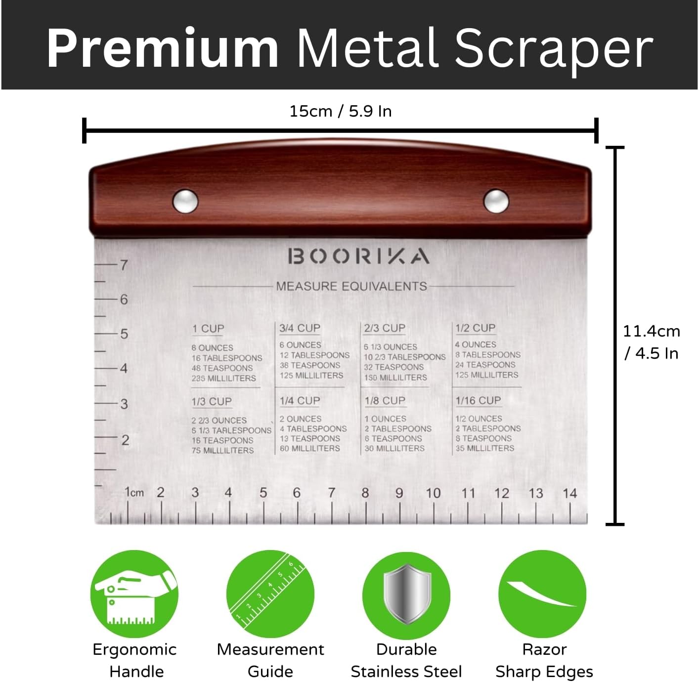 BOORIKA Dough Scraper & Bench Scraper Kitchen – Stainless Steel Sourdough Tools – Dough Cutter for Sourdough Bread, Pizza, and Flat Top Griddles – Chef Approved (Light)