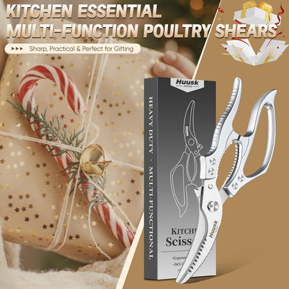 Huusk Poultry Shears Heavy Duty – All Purpose Japanese Kitchen Scissors for Chicken, Meat, Fish, Vegetables & Pizza with Ergonomic Non-Slip Red Handle, Gifts for Women Men