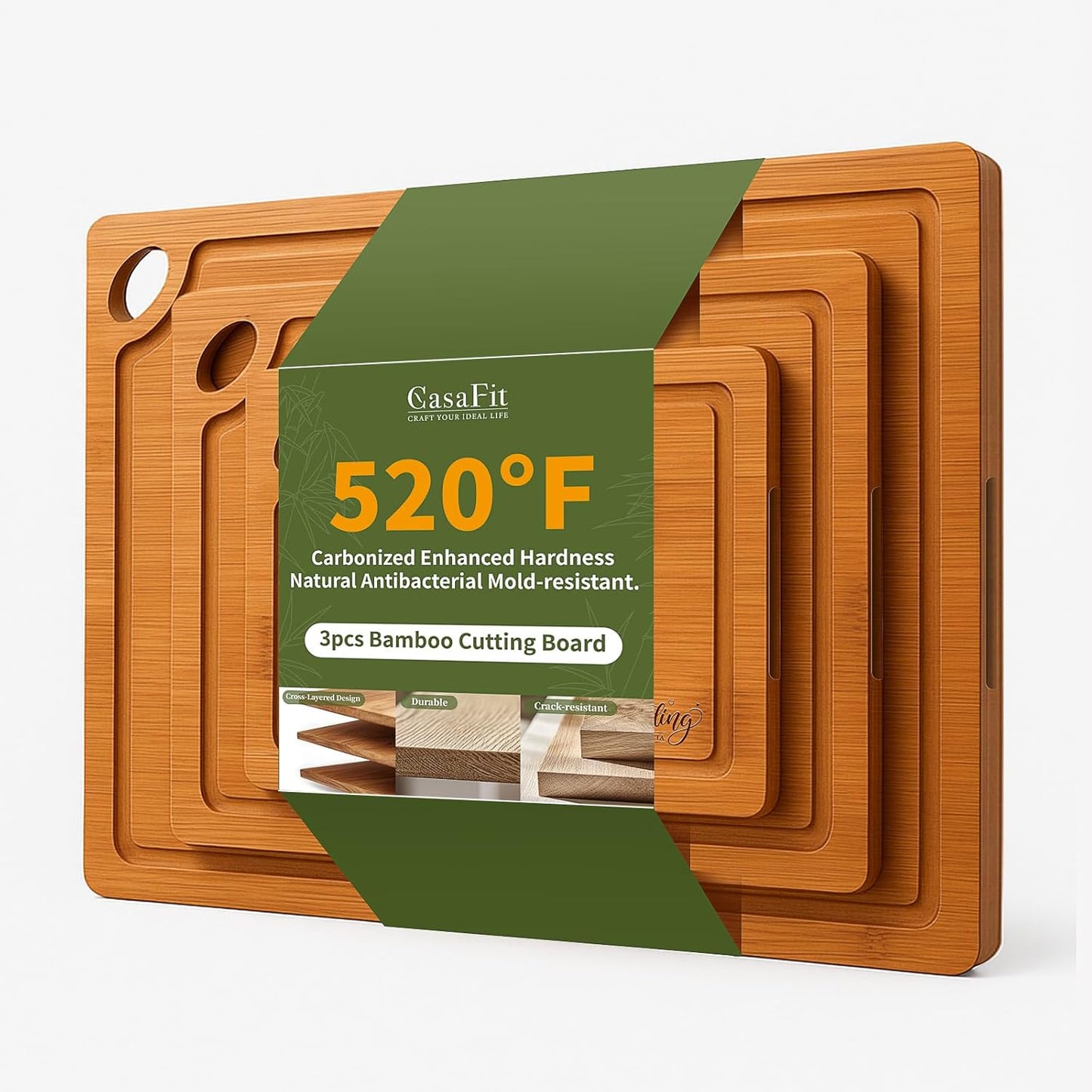 3-Piece Organic Bamboo Cutting Board Set for Kitchen - Carbonized Extra Sturdy Chopping Boards with Juice Grooves - Knife-Friendly Multi-Size (15", 12", 9") for Meat & Veggies - Housewarming Gift Box