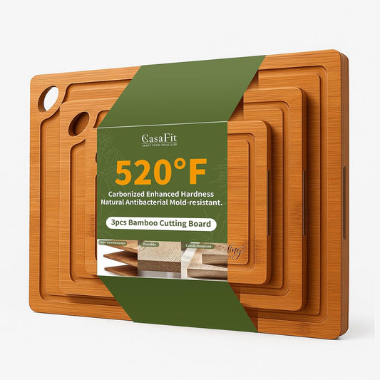 3-Piece Organic Bamboo Cutting Board Set for Kitchen - Carbonized Extra Sturdy Chopping Boards with Juice Grooves - Knife-Friendly Multi-Size (15", 12", 9") for Meat & Veggies - Housewarming Gift Box