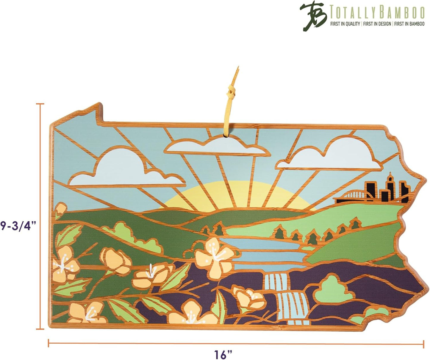 Totally Bamboo North Carolina State Shaped Cutting Board and Charcuterie Serving Platter with Artwork by Summer Stokes, Includes Hang Tie for Wall Display 18" x 8" x 5/8" - Colors A