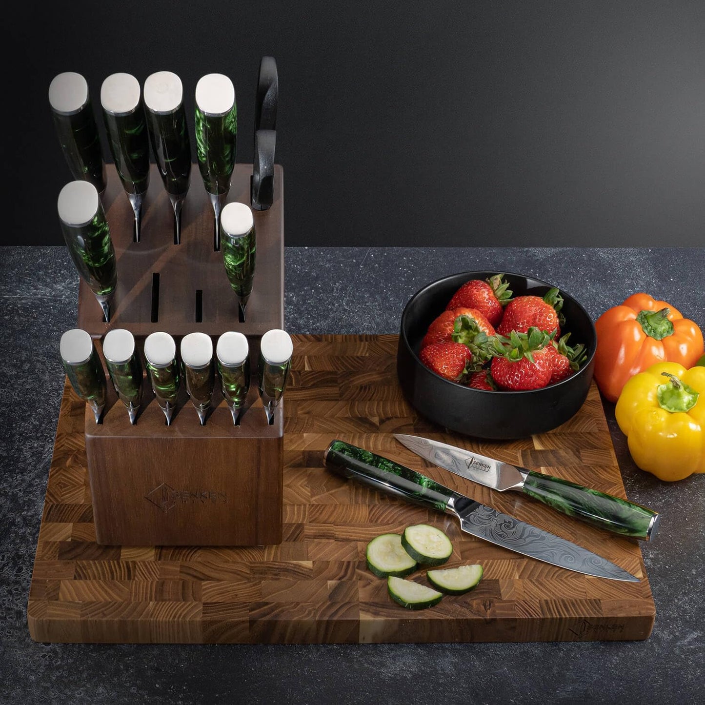 SENKEN 8-piece Engraved Japanese Kitchen Knife Set & Beautiful Green Resin Epoxy Handles - Wasabi Collection - Chef's Knife, Santoku, Cleaver, Paring, & More
