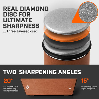Rolling Knife Sharpener Kit - Compact Wooden Sharpener with 15° & 20° Magnetic Angle | Diamond Disc Knife Honing Tool | Professional Kitchen Use | Safe Sharpening for Home Cooking