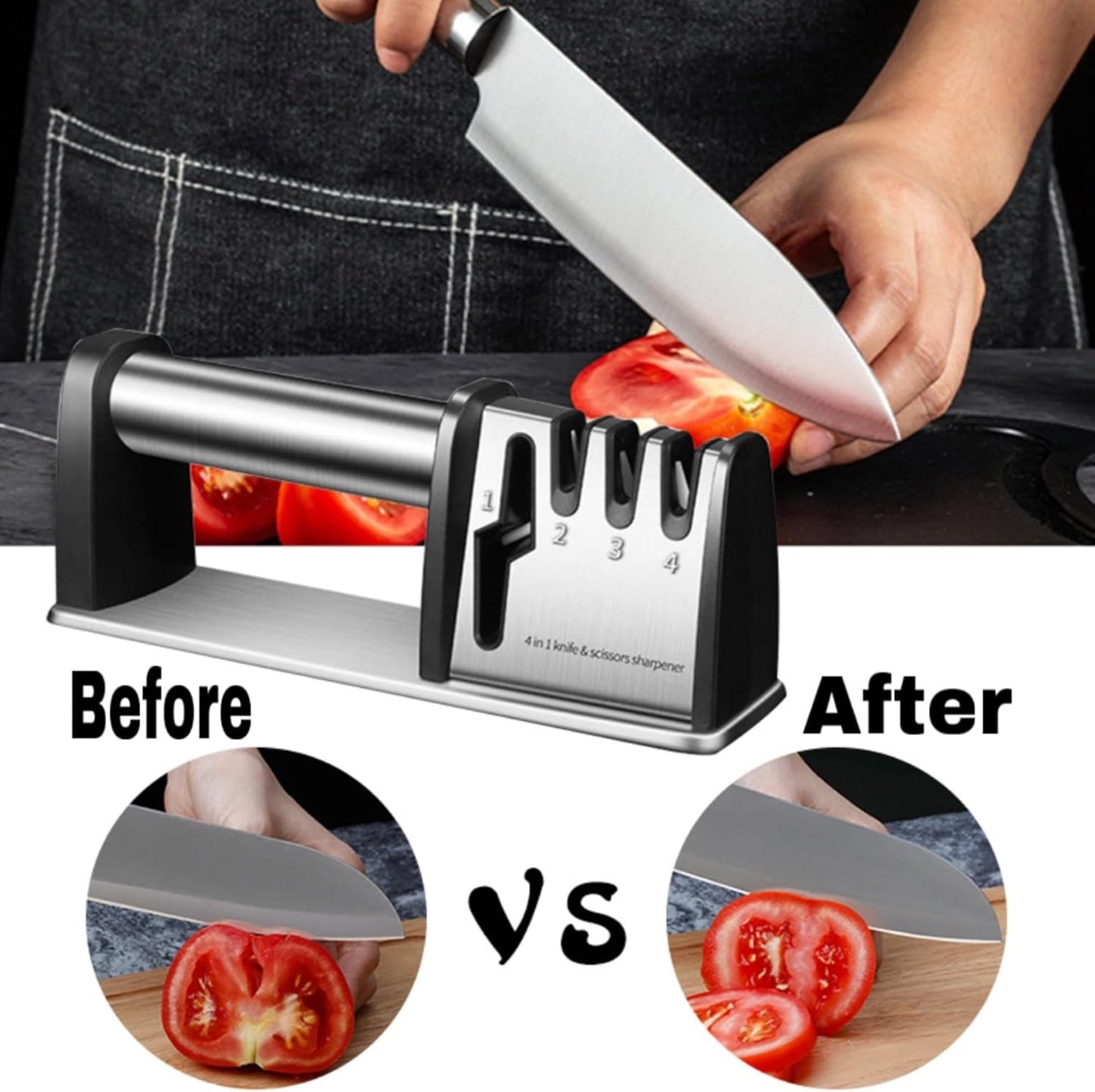Knife Sharpener, 4 in 1 Manual Kitchen Knives & Scissors Sharpener – Diamond, Tungsten & Ceramic Blades, Ergonomic Non-Slip Knife Sharpening Kit, Compact, Easy & Safe to Use, Black