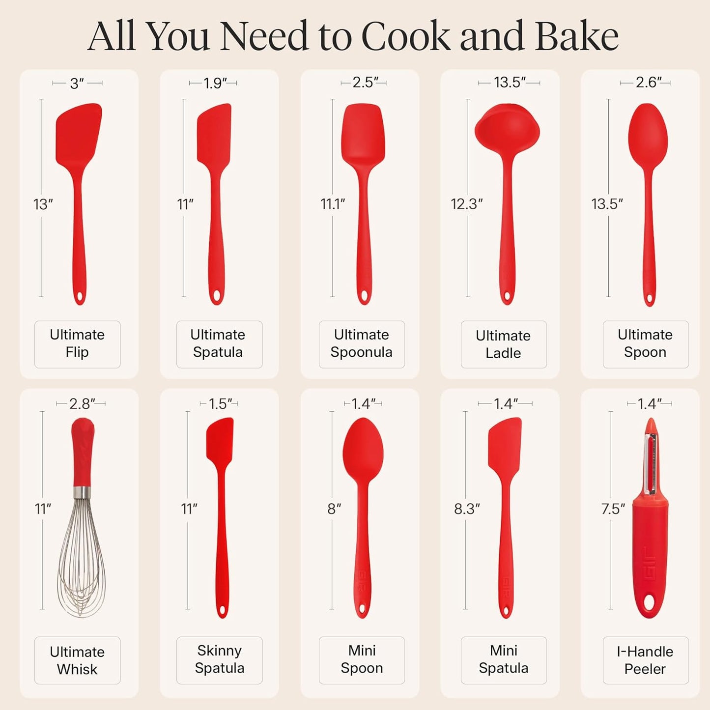 GIR: Get It Right 5 Piece Silicone Ultimate Kitchen Utensils Set - Ladle, Spatula, Flip, Spoon & Spoonula - Non-Toxic Cooking Utensils for Nonstick Cookware, Cooking and Baking - Red