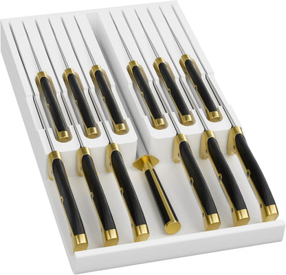 Domax Bamboo In-drawer Knife Block - Kitchen Knife Drawer Organizer Insert, Steak Knife Holder Without Knives, Drawer Knife Organizer Fits for 12 knives and 1 Sharpening Steel (Not Included), Walnut
