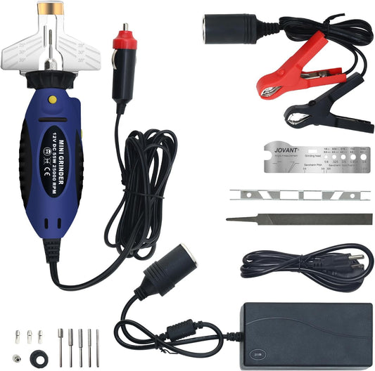 Electric Chainsaw Sharpener kit， Chainsaw Chain sharpener12V,DC 55W 25000PRM,with 5 Alloy Grinding Stones,File, 110V Convert 12V Outlet Power Adapter (ETJ007)
