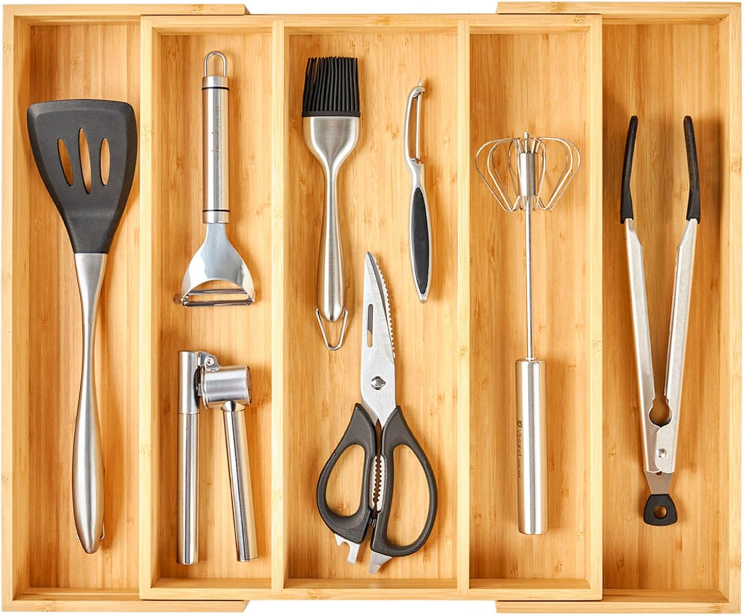 Umilife Large Expandable Kitchen Silverware Utensils Drawer Organizer, 2.5" Extra High Adjustable Drawer Divider with Curved Grooves, Bamboo Wood Cutlery Tray Flatware Holder