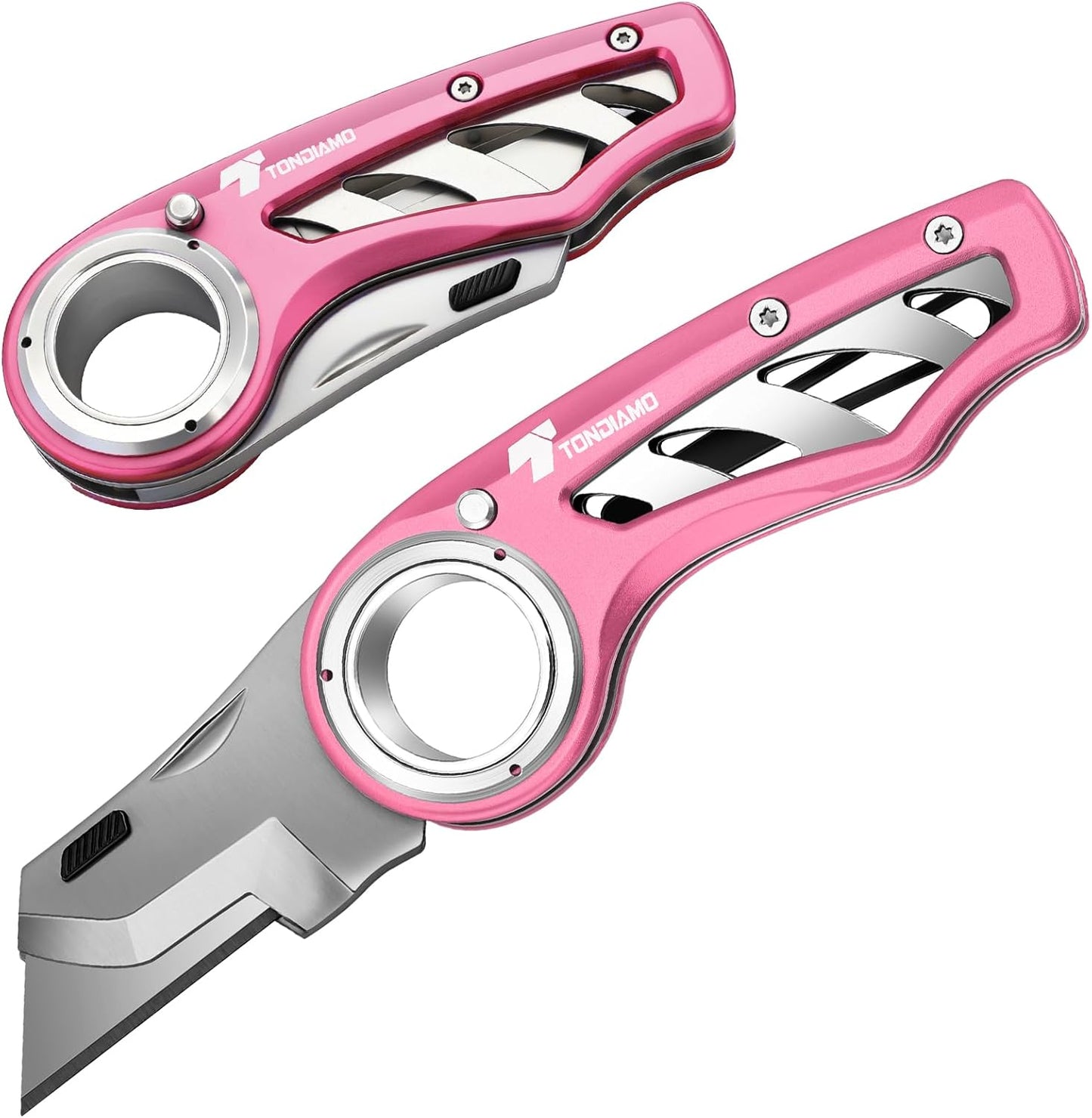 Tondiamo 4 Pcs Folding Pocket Utility Knife Heavy Duty Box Cutter Folding Razor Knife with Anti Slip Finger Loop Easy Change Blades 3 Lock Positions Design (Yellow,Red,Black,Green)