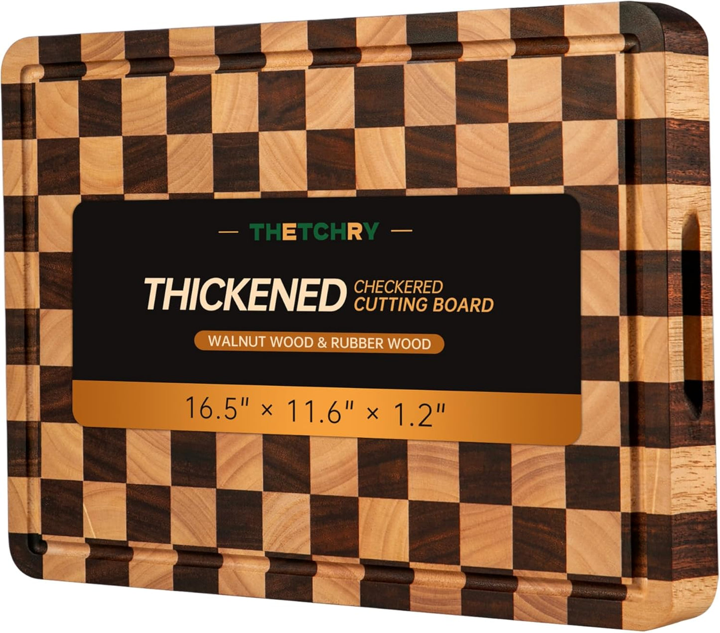 THETCHRY Cutting Boards for Kitchen, Checkered Cutting Board Thickened, Walnut & Rubber Wood Chopping Board with Juice Groove & Handle, Double-sided Butcher Block with Gift Box, 16.5" x 11.6" x 1.2"