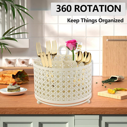 NelyBet 360° Rotating Utensil Caddy With Handle, Cutlery Silverware Caddy Holder Flatware Organizer with 4 Compartment For Kitchen Countertop Party Office Black