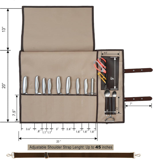 Chef Knife Roll Bag 9 Knife Slots - Durable Water-Resistant Canvas Knife Carrying Case Adjustable Leather Shoulder Strap & Handle - Fits 12” Knives & Honing Steel -Culinary Travel-Friendly