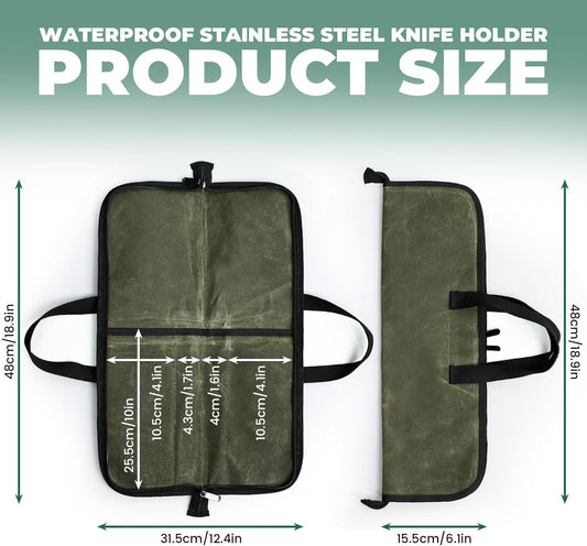 Heavy Duty Knife Roll for Chefs - Waxed Canvas Chef Knife Bag with 4 Slots, Waterproof & Durable Kitchen Knife Holder, Storage Case for Butchers & Home Cooks, Portable with Handle (Green)