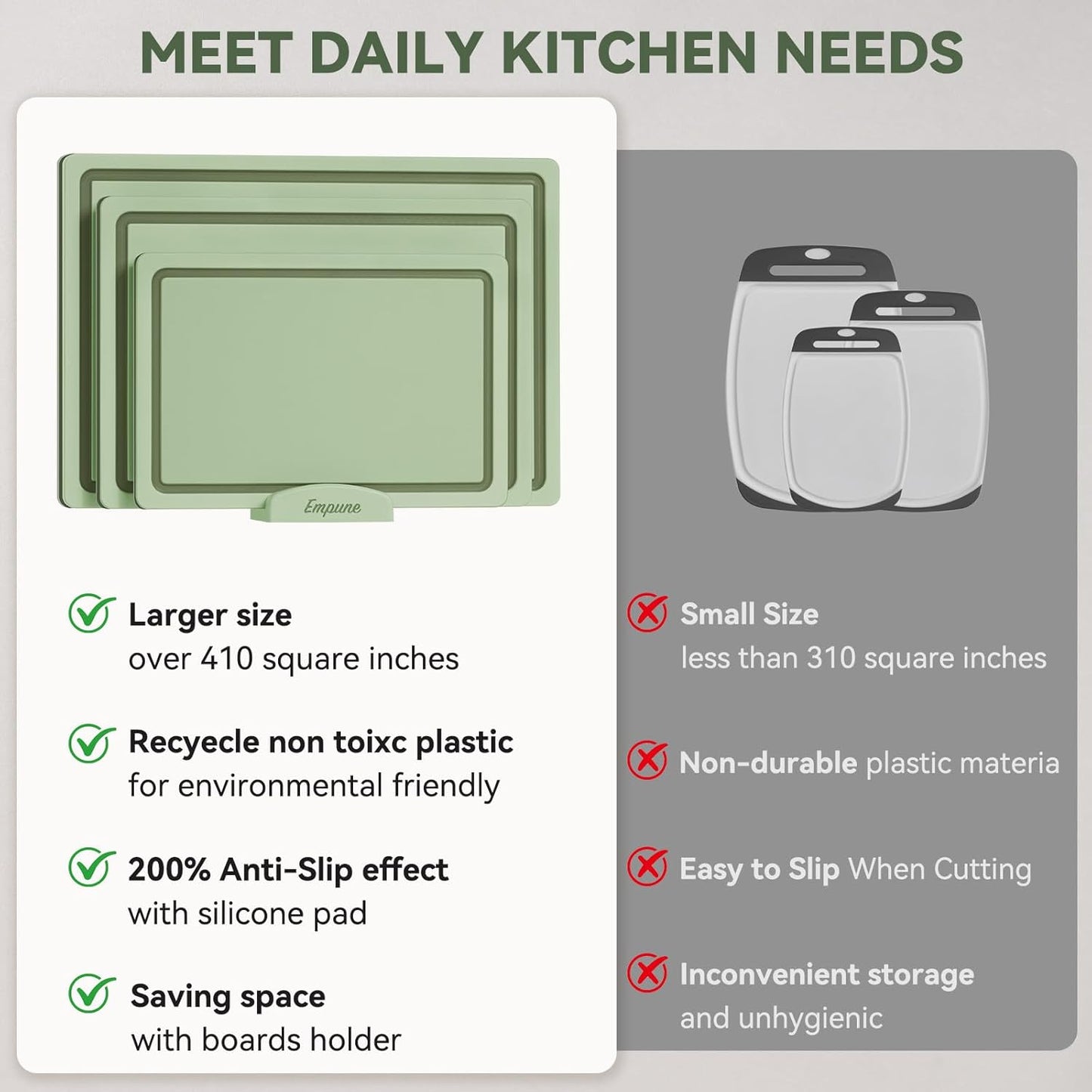Empune 3-Piece Plastic Cutting Boards for Kitchen - Thick & Non-Slip Chopping Board Set with Juice Grooves, Dishwasher Safe, BPA Free, Includes Large & Small Sizes, Gray