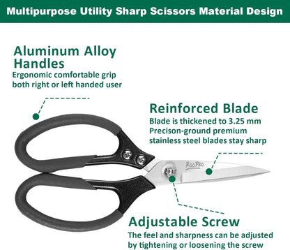 Heavy Duty Scissors All Purpose, 8.5 inch Stainless Steel Utility Sharp Shears, Aluminum Alloy Handle for Cutting Cardboard,Carpet,Fabric,Leather,Rope,Rubber,Plastic and Kitchen or Workshop Use