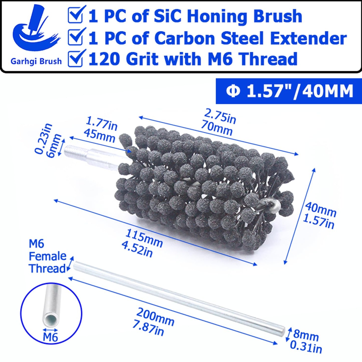 Garhgi 1-3/8" (35mm) Cylinder Honing Brush, 240 Grit Silicon Carbide Nylon Hone Tool, for Engine Cylinder Bore Deburring Finishing Deglazing Cleaning on Metals Steel Cast Iron