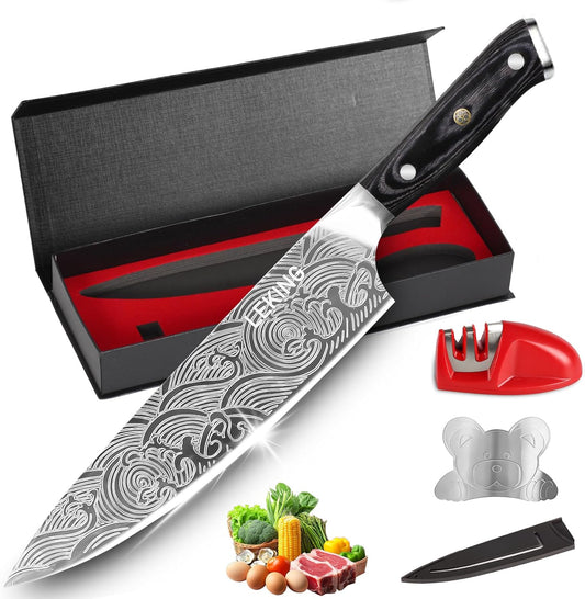 Leking 8 Inch Chef Knife, Kitchen Knife with Sharpener and Finger Guard, Professional High Carbon Stainless Steel Sharp Chef's Knife Set with Ergonomic Handle in Premium Gift Box