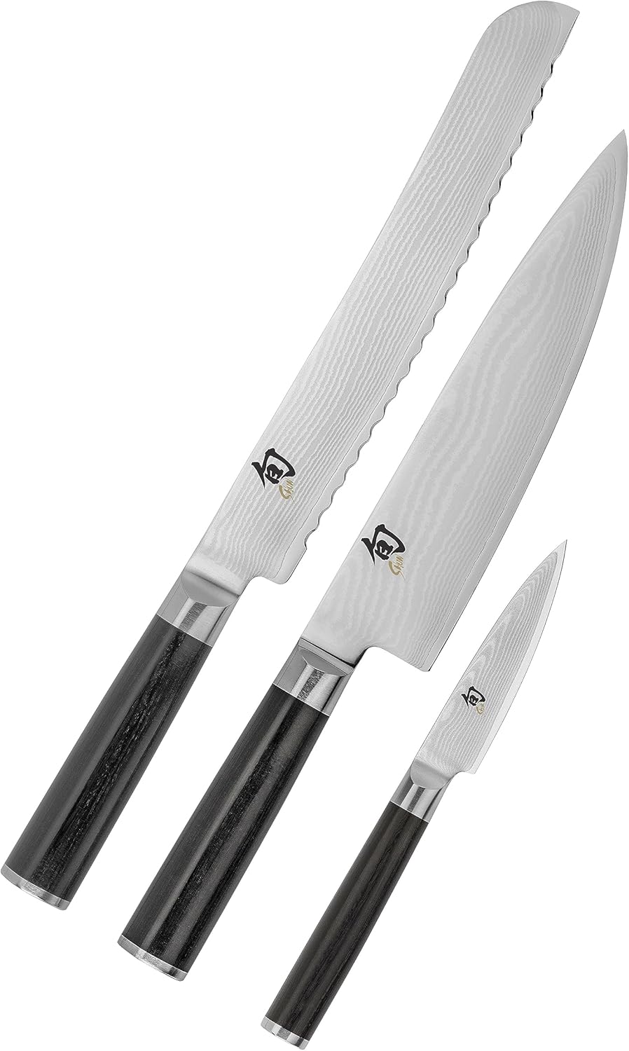 Shun Classic Damascus 3-Piece Knife Set, Includes Chef’s Knife 8-In, Bread Knife 9-In and Paring Knife 3.5-in Set, Made in Seki, Japan