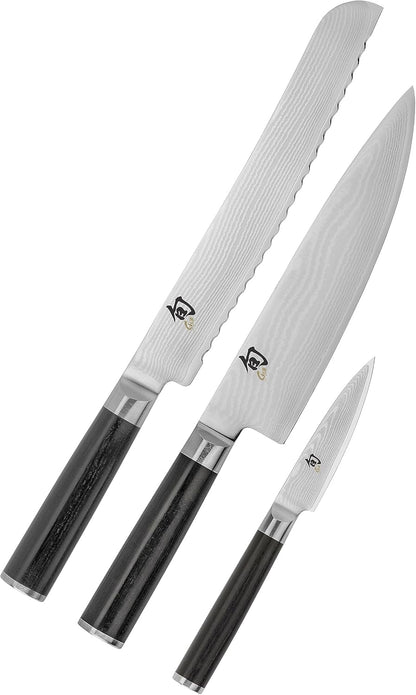 Shun Classic Damascus 3-Piece Knife Set, Includes Chef’s Knife 8-In, Bread Knife 9-In and Paring Knife 3.5-in Set, Made in Seki, Japan