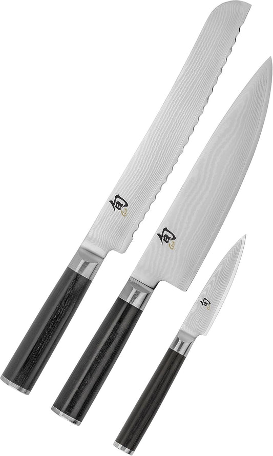 Shun Classic Damascus 3-Piece Knife Set, Includes Chef’s Knife 8-In, Bread Knife 9-In and Paring Knife 3.5-in Set, Made in Seki, Japan