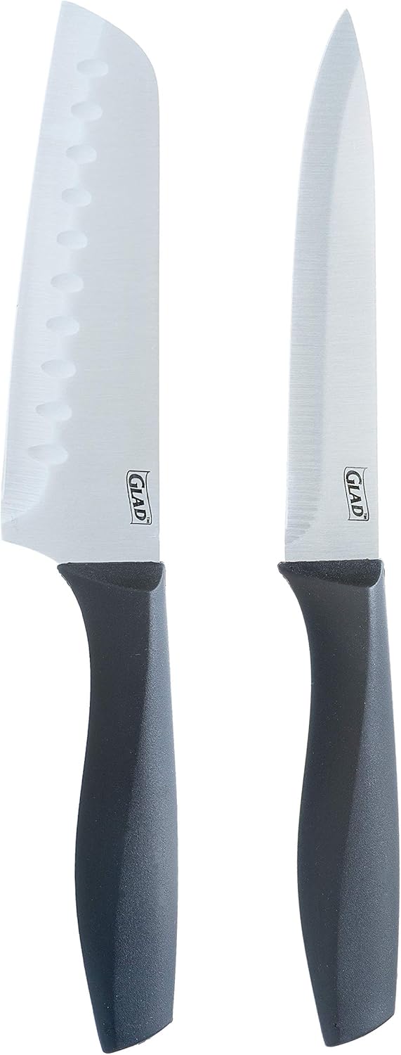 Glad Knife Set with Cutting Board, 5 Pieces | Sharp Santoku and Utility Knives with Blade Covers and Plastic Chopping Block | Kitchen Cooking Accessories