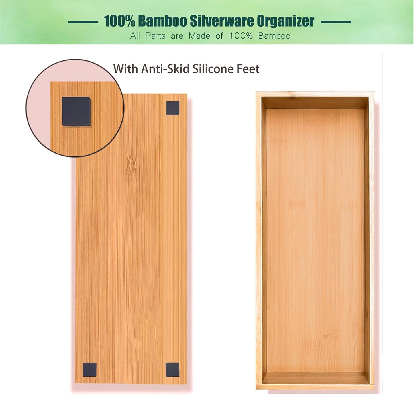 guiogc Silverware Drawer Organizer, Utensil Organizer, Bamboo Storage Box Wood Tray for Drawer Set of 2