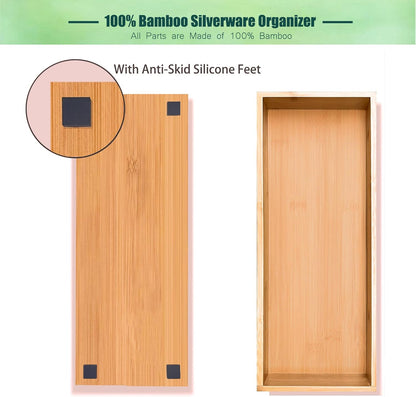guiogc Silverware Drawer Organizer, Utensil Organizer, Bamboo Storage Box Wood Tray for Drawer Set of 2