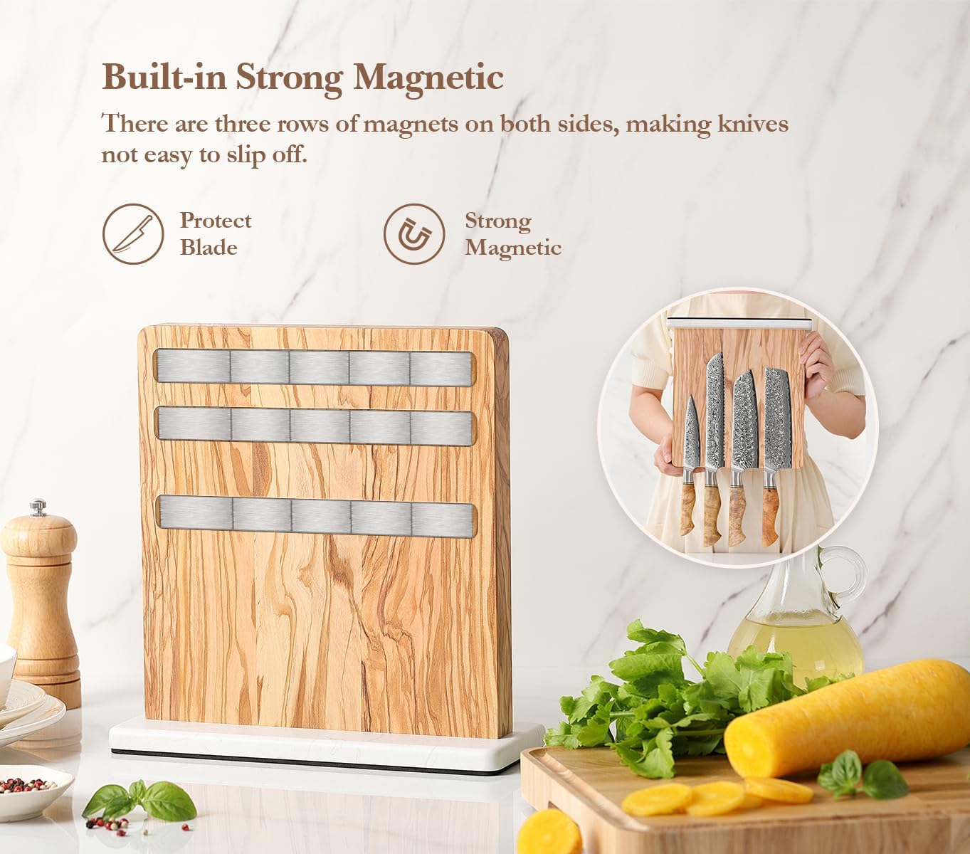 Strong Double Sided Magnetic Knife Block Without Knives, with Acacia Wood+430 Stainless Steel Base，Magnetic Universal Stands with Strong Enhanced Magnets Strip Kitchen Storage Cutlery Large Organizer