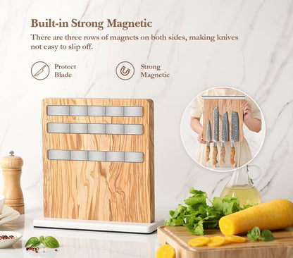 Strong Double Sided Magnetic Knife Block Without Knives, with Acacia Wood+430 Stainless Steel Base，Magnetic Universal Stands with Strong Enhanced Magnets Strip Kitchen Storage Cutlery Large Organizer