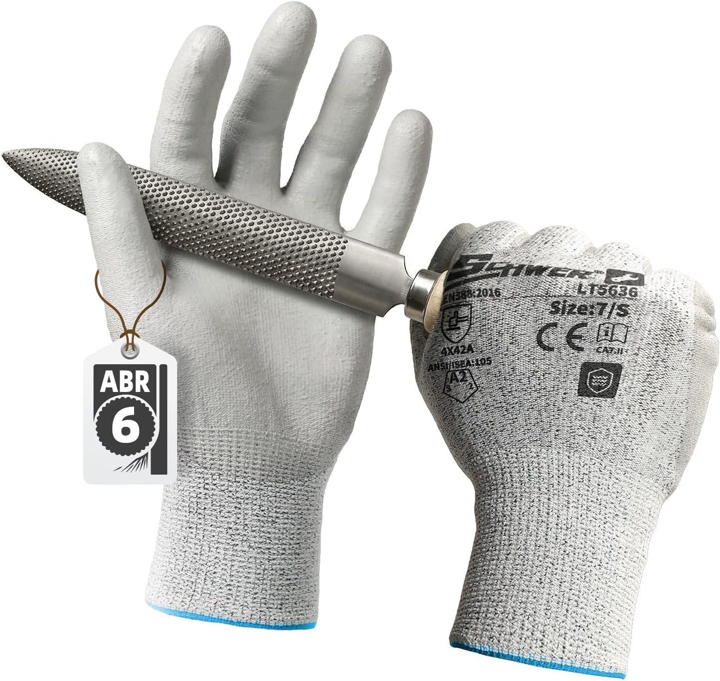 Schwer 6 Pairs ANSI A2 Cut Resistant Work Gloves with Certified Level 6 Ultra Abrasion Resistance, Safety Gloves with Grip for General Use, Construction, Gardening, Mechanic, 3D-Comfort, LT5636, L