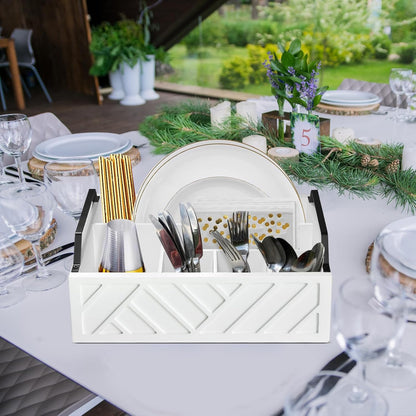 Ukonvi Paper Plate Dispenser, Paper Plate Holder for Kitchen Counter, Wood Rustic Silverware Utensil Caddy, Cutlery Flatware Organizer Box for Cups Spoons Forks Plates Napkins, Kitchen Accessories