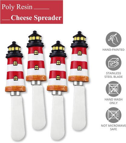 UP UPware Black Lighthouse Cheese Spreaders, Hand-Painted Resin Handles with Stainless Steel Blades for Spreading Cream Cheese, Butter, Jam, or Sandwich, Set of 4