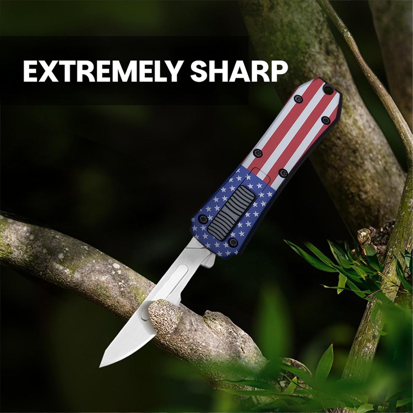 Automatic Utility Knife,All Metal Construction Carbon Stainless Steel Blade,Box Cutter Quick Change Retractable,EDC Push Button with Clip,10PCS #23 Blades Replacement,Stars&Stripes