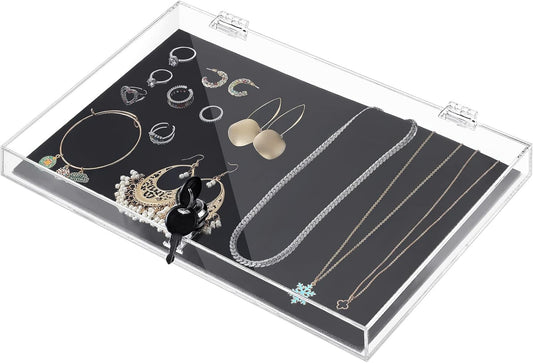 Weysat Acrylic Locking Display Case for Knife Jewelry, Clear Rectangular Display Box Security Showcase Organizer Tray with Lock Key and Padding for Jewelry Collectibles Pocket Knives